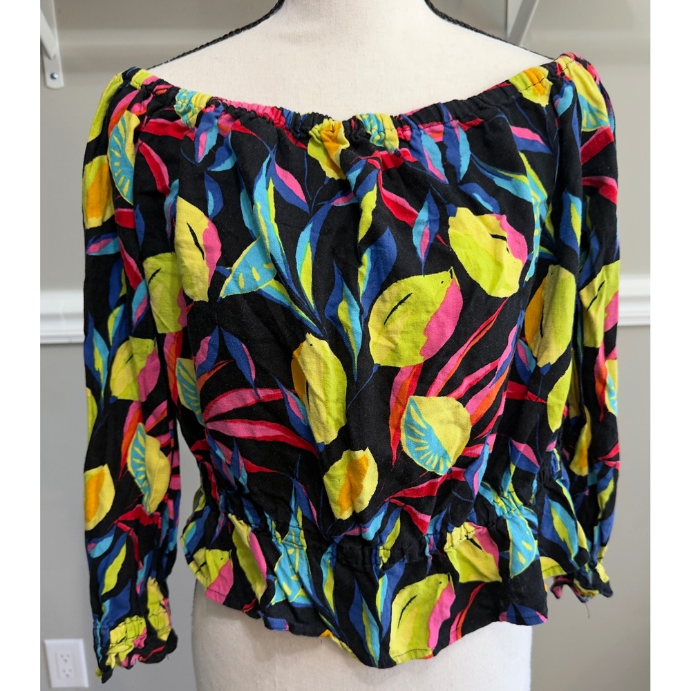 Tabitha Brown Target Tropical Leaf Off The Shoulder Crop Top Blouse Black Large